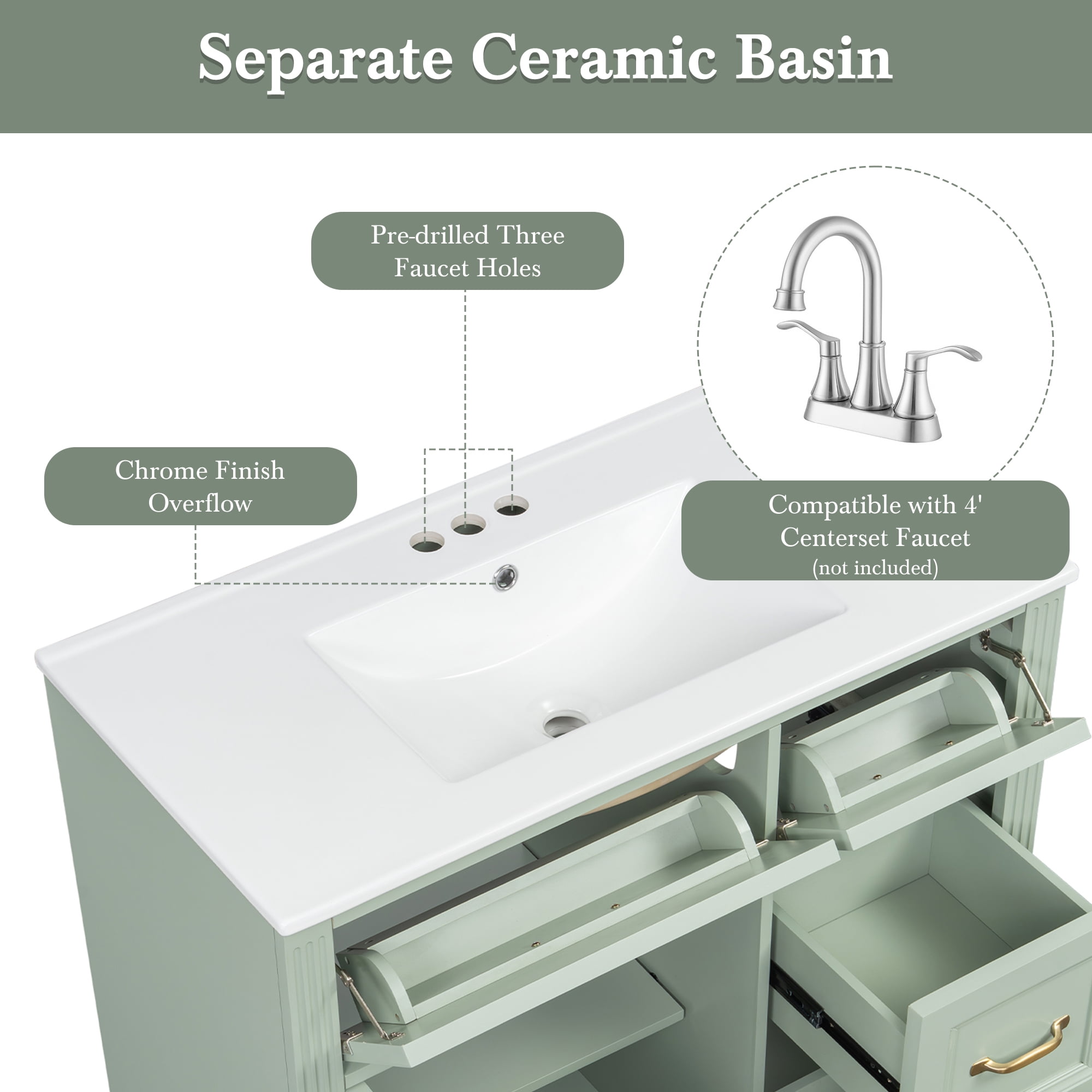 Euroco 36 Inch Bathroom Vanity with Sink, Cabinet with 4 Drawers, Soft-Close Door & Adjustable Shelf, Ceramic Basin, Modern Storage Vanity for Bathroom Organization, Green Finish