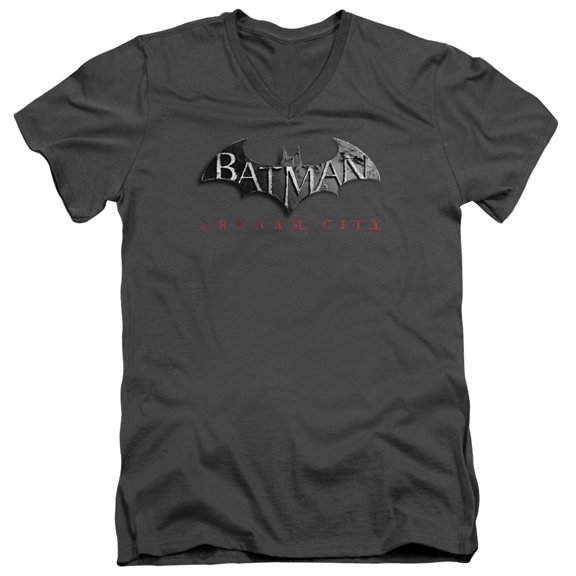 Batman Arkham City Logo S/S Adult V-Neck T-Shirt Charcoal