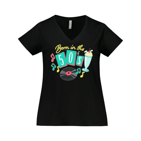 Inktastic Born in the 50's Record and Music Notes Women's Plus Size V-Neck T-Shirt
