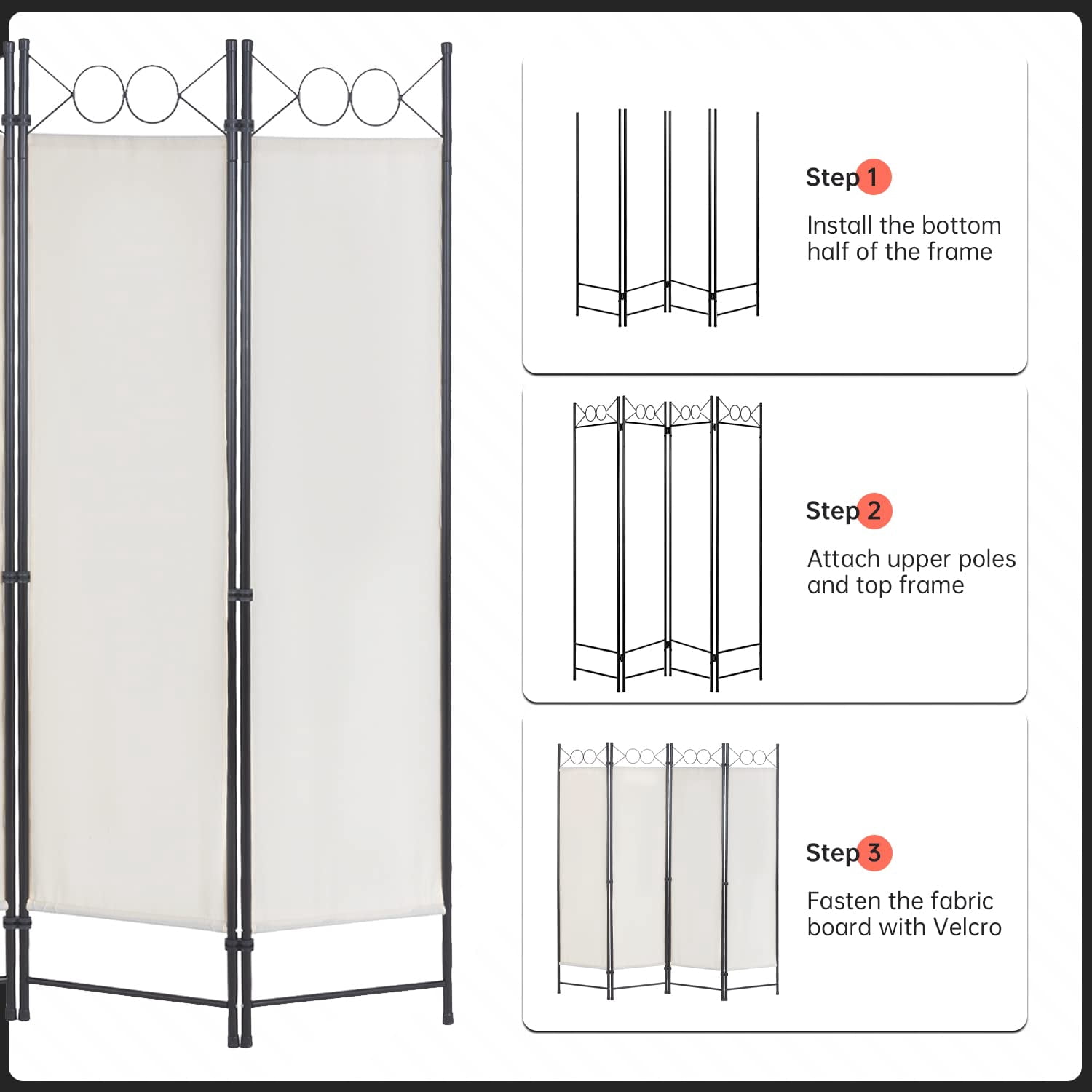 Dkelincs Room Dividers Folding Privacy Screen with 4 Panels Steel Frame Living Room Divider for Living Room,Office Use, Beige