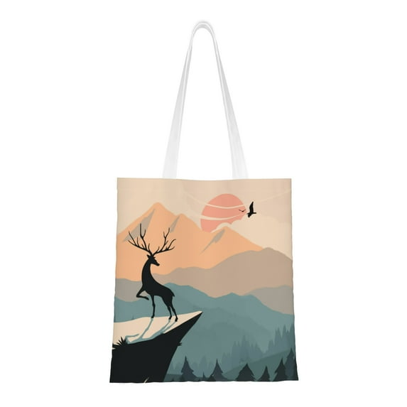 YFYANG Reusable Cotton Canvas Tote Shopping Bag, Forest Landscape Pattern Washable Portable Grocery Bag for Daily Travel