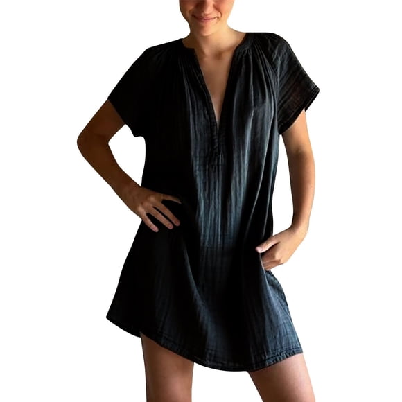 Deep V Neck Oversized Dress for Women Plus Size Cotton Linen Mini Dresses Loose Short Sleeve Summer Casual Dress Black, S