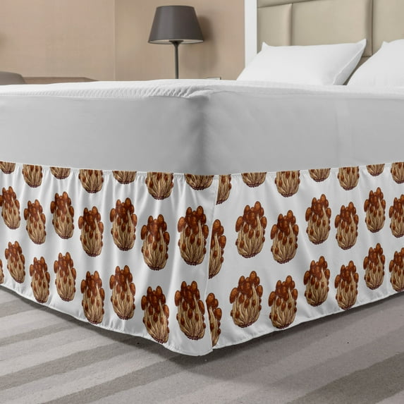 Mushroom Bed Skirt, Repeating Graphical Enokitake Natural Organic Elements Woodland Art, Elastic Bedskirt Dust Ruffle Wrap Around for Bedding Decor, 4 Sizes, Pale Brown and Redbrown, by Ambesonne