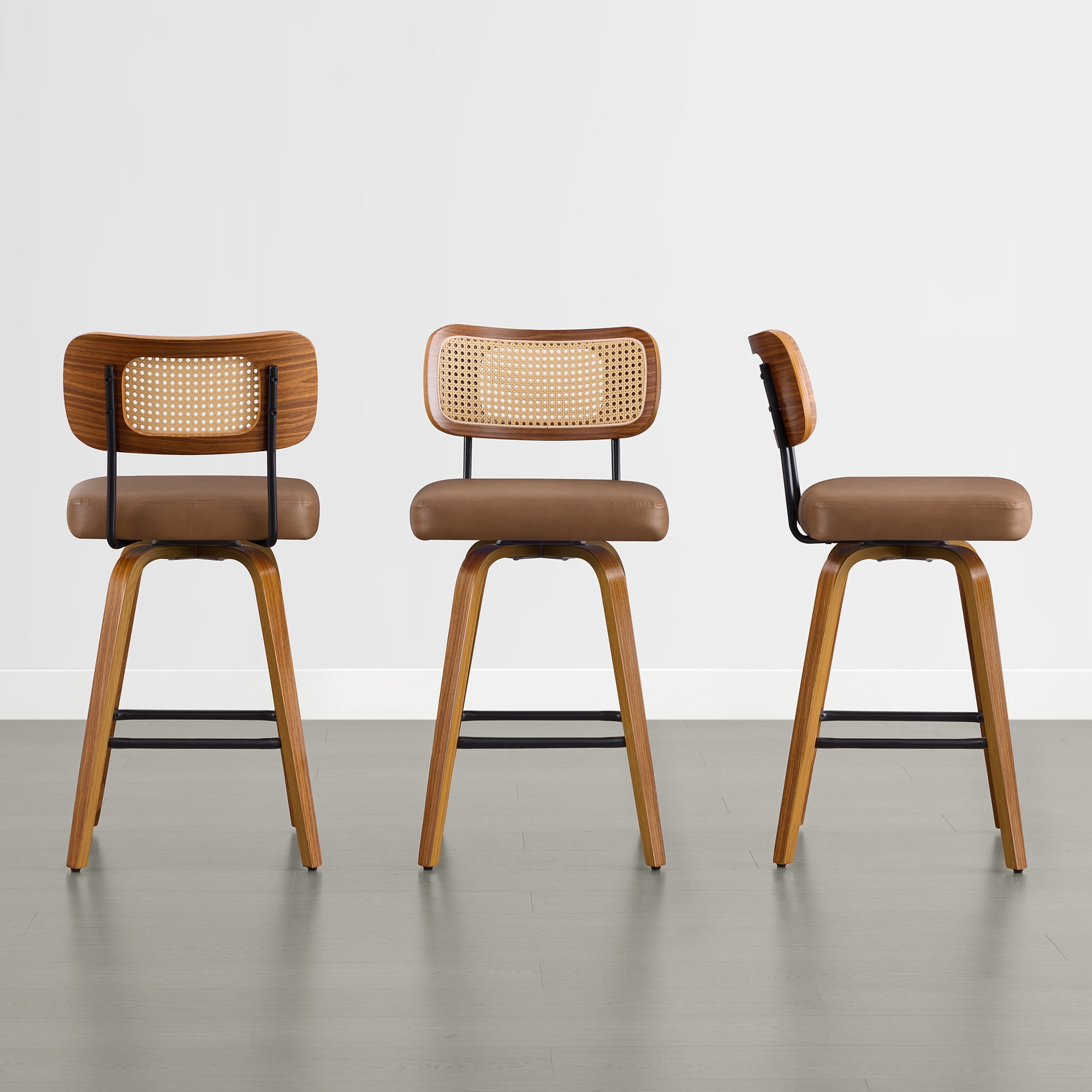 Spruce & Spring 26" Swivel Counter Bar Stool with Walnut Bentwood Frame Set of 3, PE Rattan Back, Brown