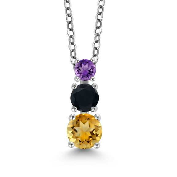 Gem Stone King Yellow Citrine Black Onyx Purple Amethyst 3 Stone Pendant Necklace for Women (1.05 cttw, Gemstone Birthstone, Round 5MM, 4MM and 3MM, with 18 inch Chain)