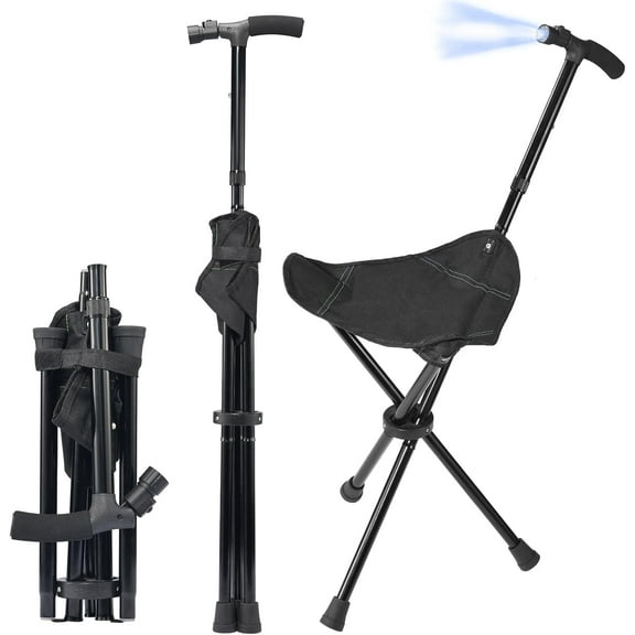 Cane with Seat Foldable Lightweight Walking Cane with LED Light Adjustable Walking Stick for Seniors