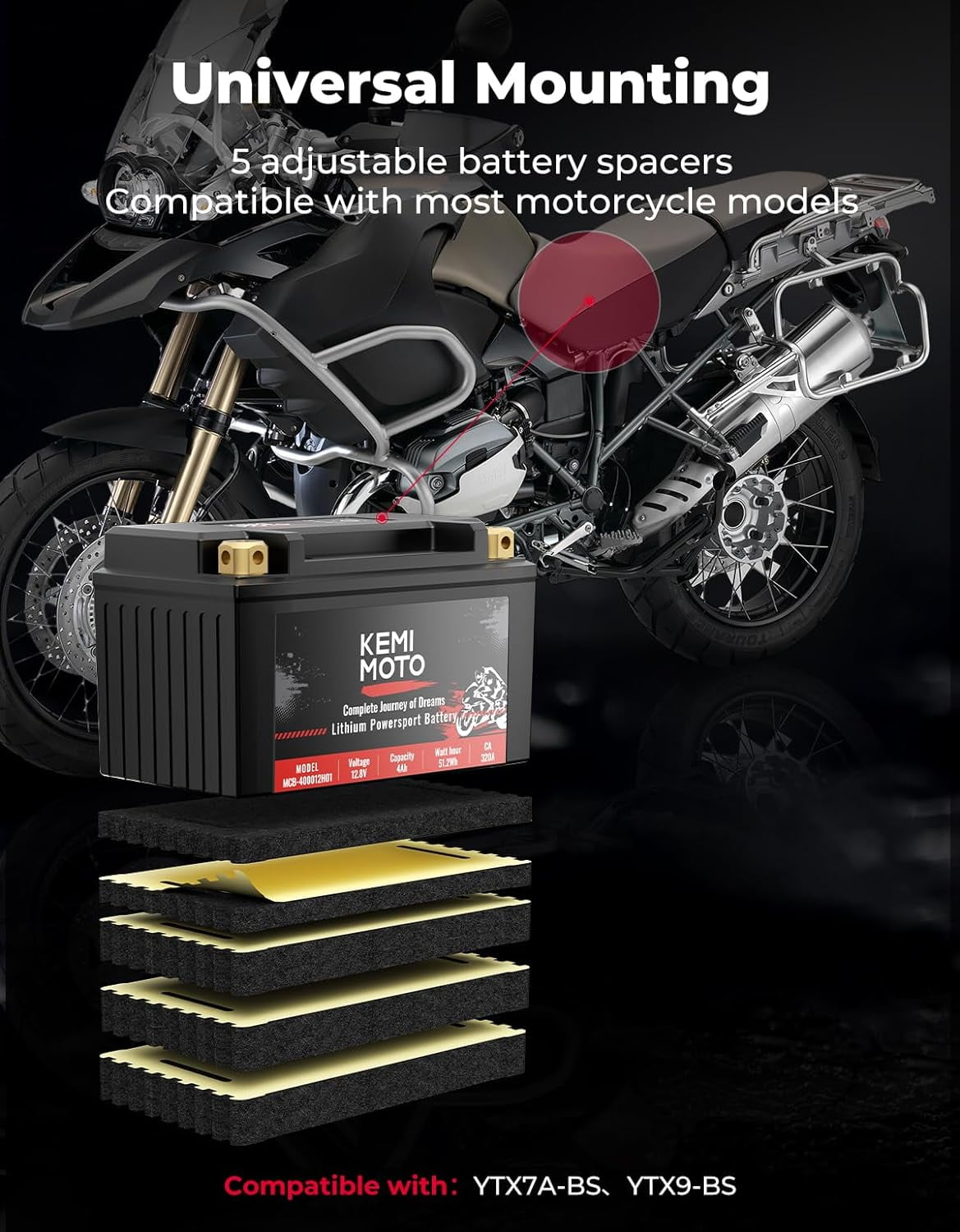 KEMIMOTO Lithium Motorcycle Battery YTX9-BS/YTX7A-BS, LiFePO4 12v Lithium Battery 4Ah with 5 Spacers, Generator Battery with Pure Copper Terminal, Compatible with Motorcycle Lawn Mower ATV UTV Can-Am