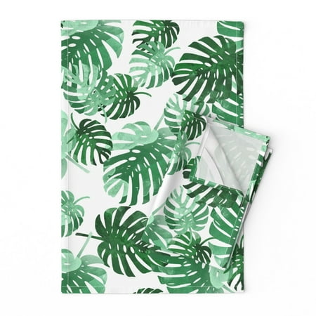 

Printed Tea Towel Linen Cotton Canvas - Palm Tree Leaf Beach Tropical Summer Green Emerald Botanical Print Decorative Kitchen Towel by Spoonflower