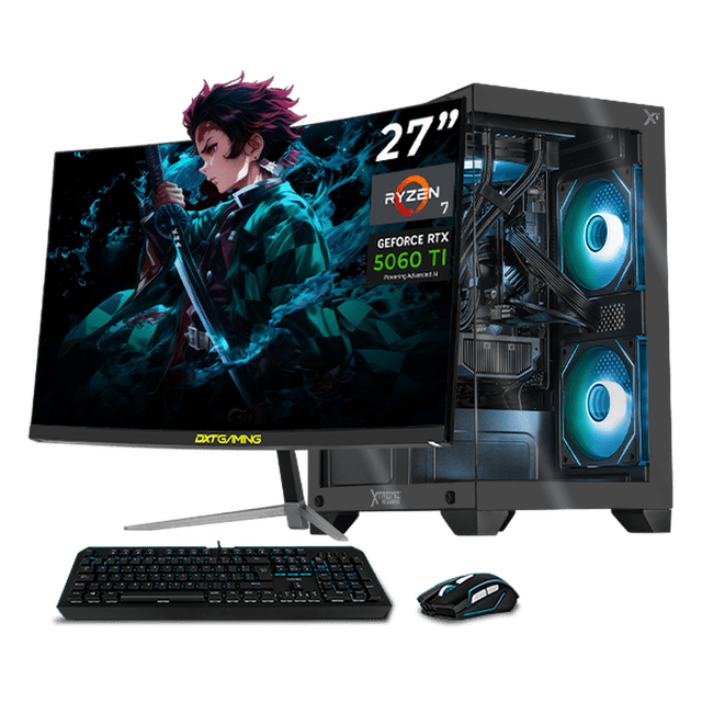 PC Gamer Completa con IA Xtreme PC Gaming NVIDIA GeForce RTX 5060 Ti AMD Ryzen 7 5700X 32GB SSD 1TB Monitor Curvo 27 180Hz Sistema Liquido WIFI Grey gaming 1080p, estudios y multitarea