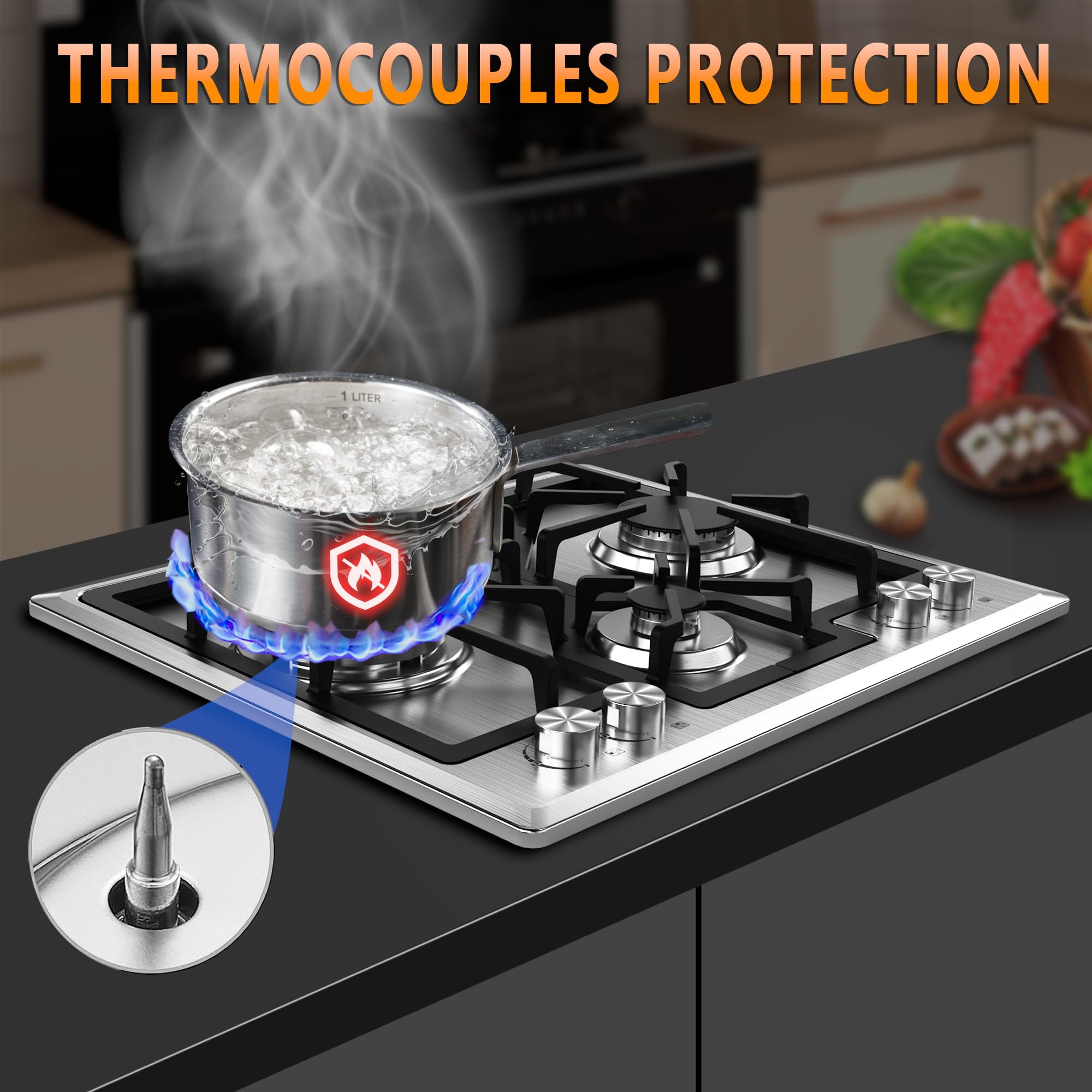 24 inch Gas Cooktop, Bulit-in Gas Stove Top with 4, 24 Inch NG/LPG Convertible Cooktops, Four Burner Propane Cooktop with Thermocouple Protection, Stainless Steel
