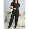 thumbnail image 4 of Defitshape Women's Summer Shorts Sleeve Pajama Pants Cinch Bottom Pant 2 Piece Lounge Cool Loungewear Crew Neck Home Elasthane Drawstring Nightwear Black 8-10, 4 of 5