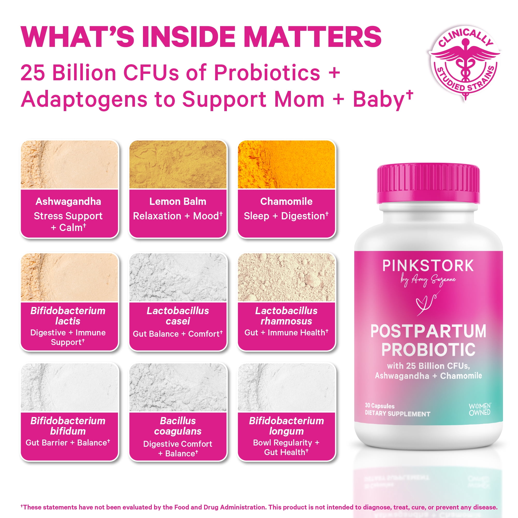 Pink Stork Postpartum Probiotics for Women with Ashwagandha and Chamomile, 30 Capsules