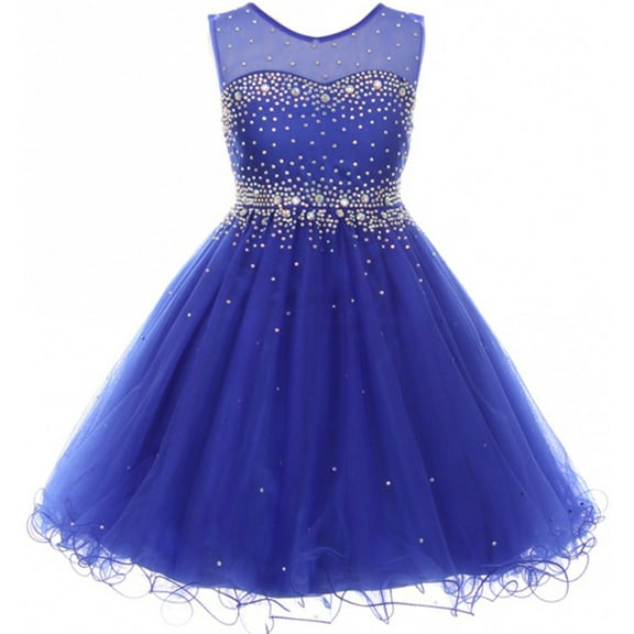 Big Girls' Sparkling Rhinestone Illusion Tulle Junior Bridesmaid Pageant Flower Girl Dress Royal 12 (C50C29C)
