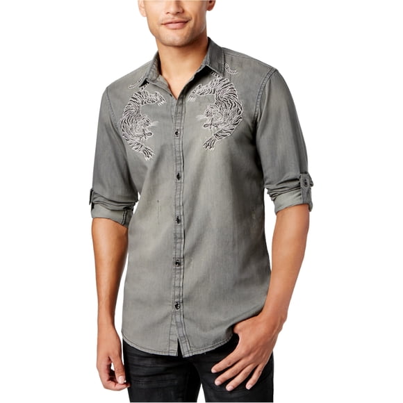INC Camisa bordada con botones de tigre de Bengala para hombre, gris, grande