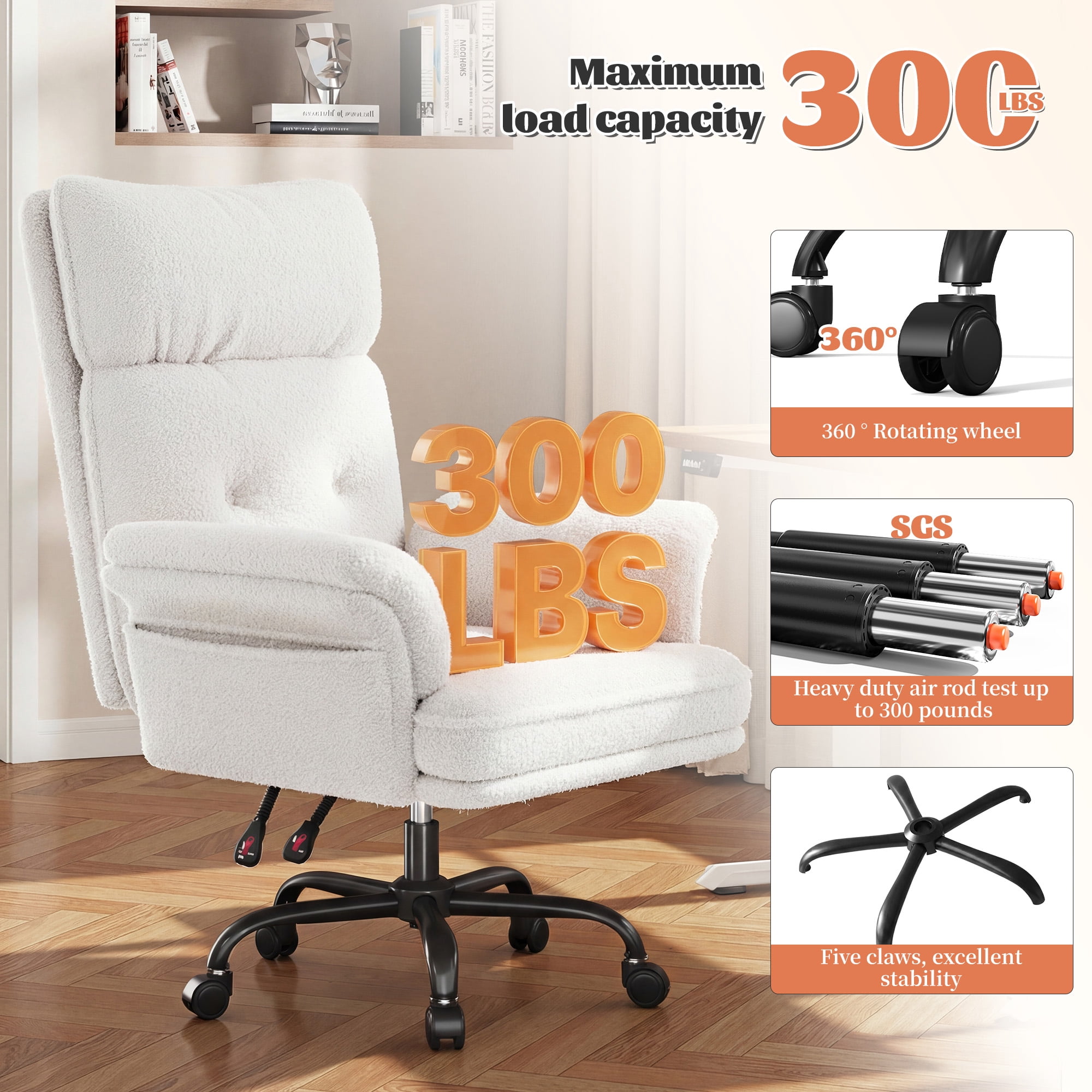 Romorgniz Criss Cross Chair with Armrests & Wheels Ergonomic Computer Gaming Chair with Two Side Pockets Teddy Plush Wide Seat Reclining Desk Chair for Home Office，White
