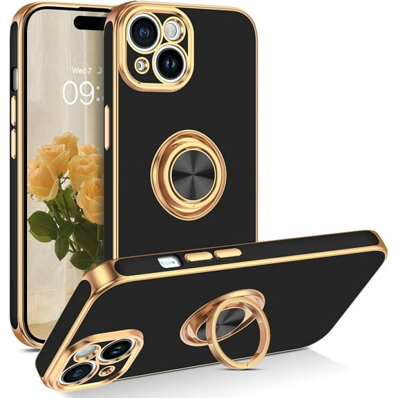 iPhone 15 Case, Phone Case iPhone 15, Slim Fit Soft 360° Ring Holder Kickstand Magnetic Car Mount Supported Easy Clean Shockproof Protective Cover for Apple iPhone 15 6.1" 2023, Black/Golden