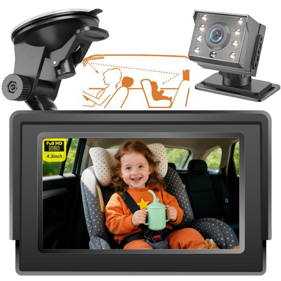 KASIKAI Cámara para Bebé Asiento Trasero HD 1080P, Pantalla 4.3'' Espejo Retrovisor con 8 Leds Visió