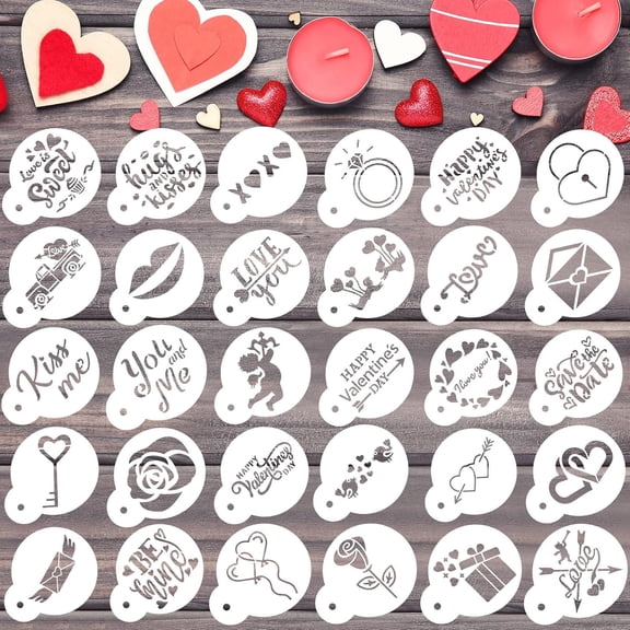 30 Pieces Valentine Cake Stencils Reusable Valentine Cookie Stencils Cake Cookies Baking Painting Mould Heart Stencil Templates Coffee for Party Supplies