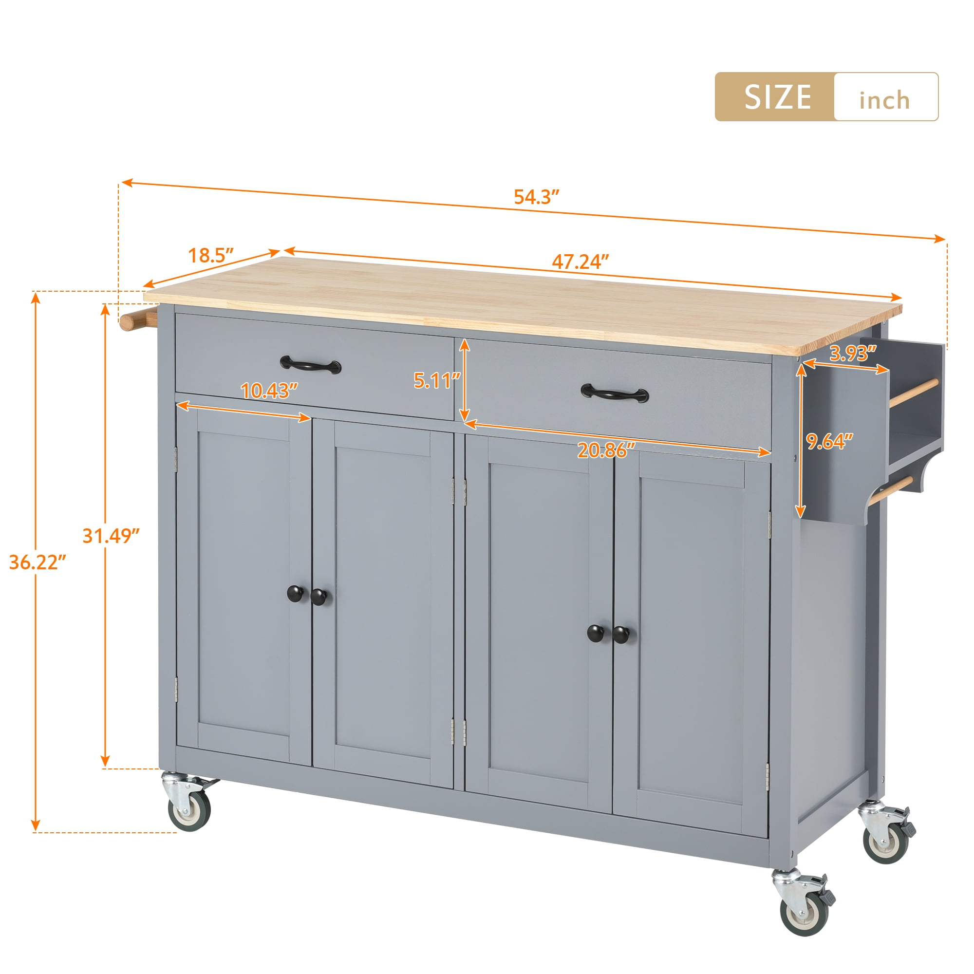 AVAXA 54.3 Inch Width Kitchen Island Cart with Solid Wood Top and Locking Wheels, 4 Door Cabinet and Two Drawers, Spice Rack, Towel Rack, Gray