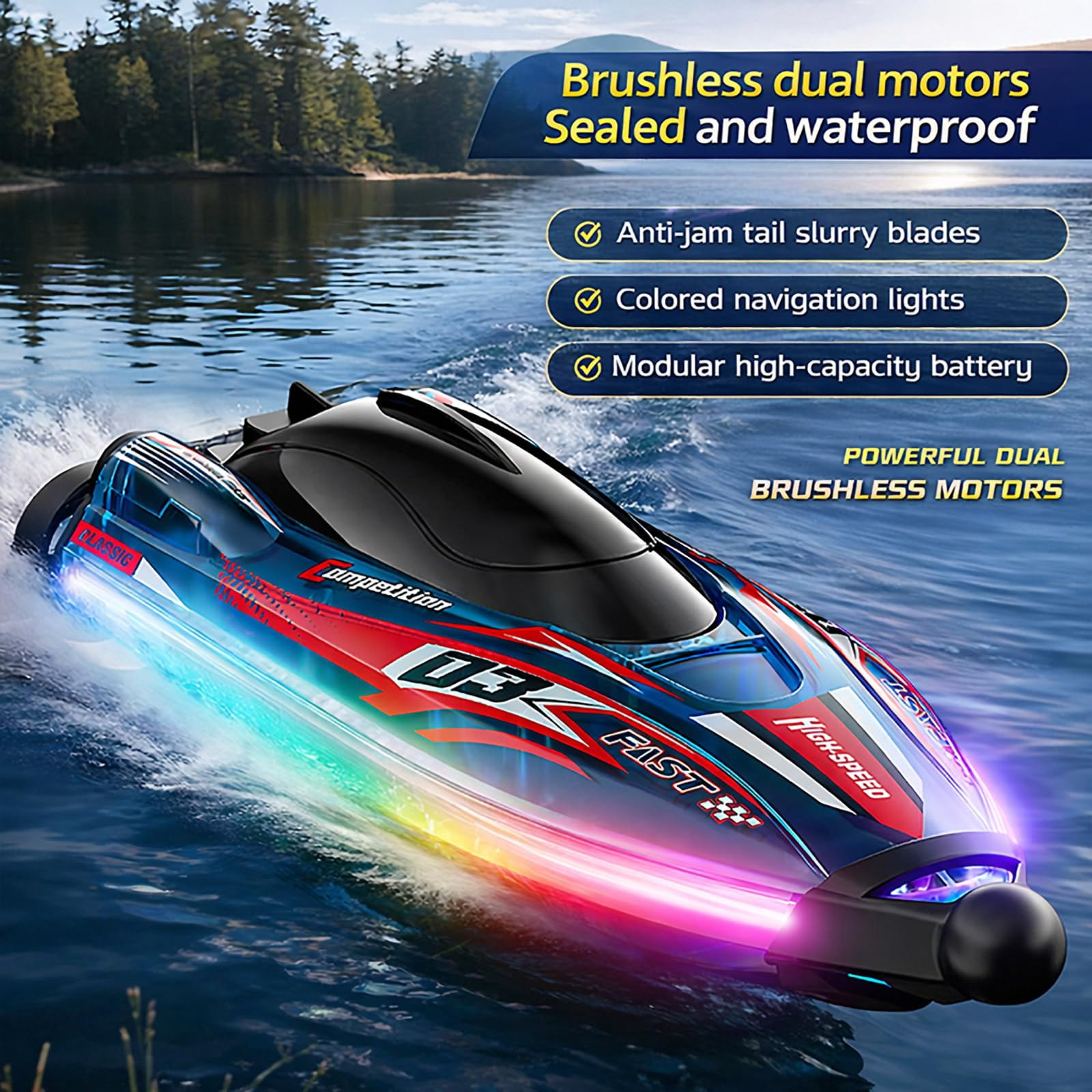 S25 High Speed RC Boat with Dual Brushless Motors, Waterproof LED Light Remote Control Boat for Pool & Lake, 80m Range, Self-Righting Design
