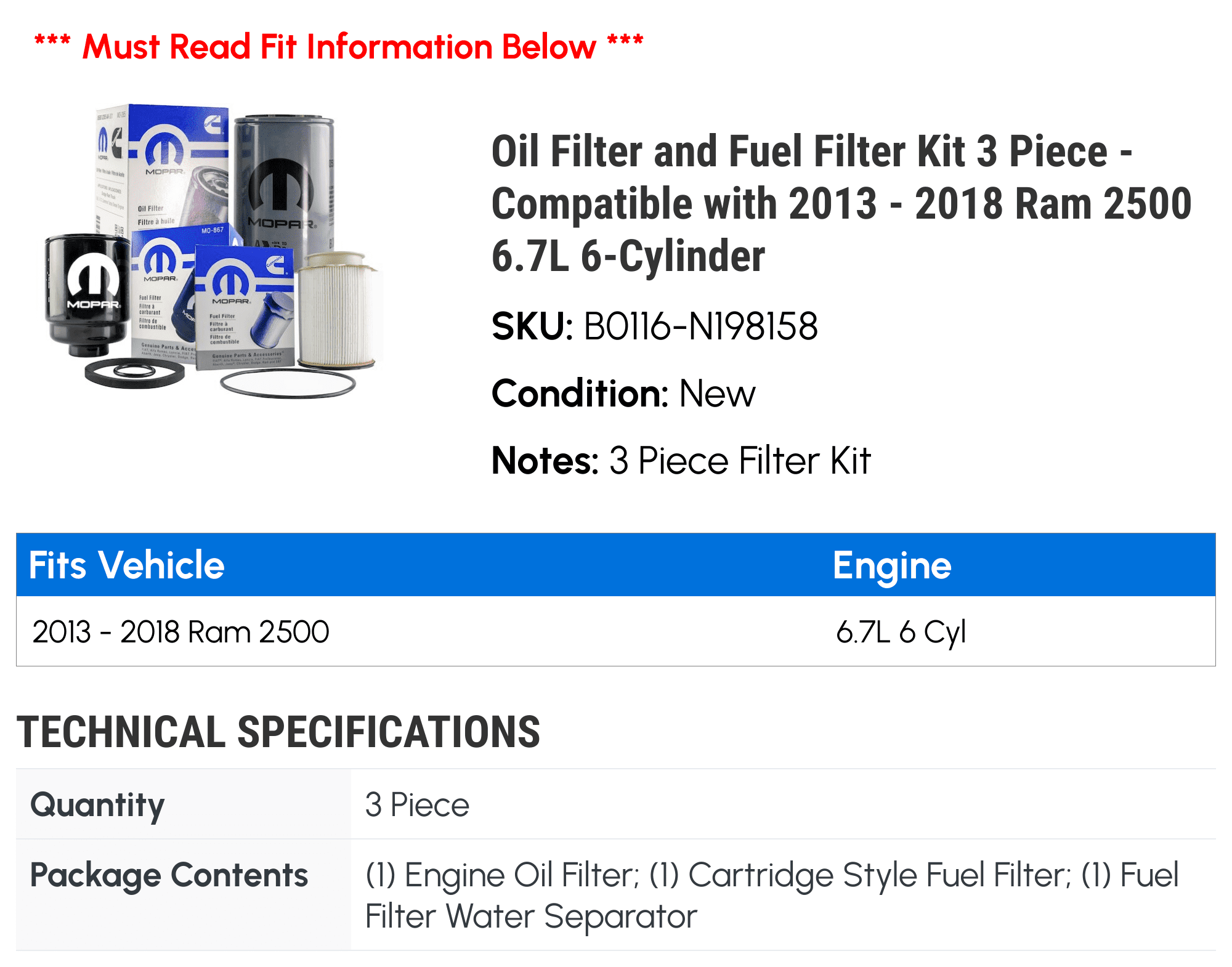 Oil Filter and Fuel Filter Kit 3 Piece - Compatible with 2013 - 2018 Ram 2500 6.7L 6-Cylinder 2014 2015 2016 2017