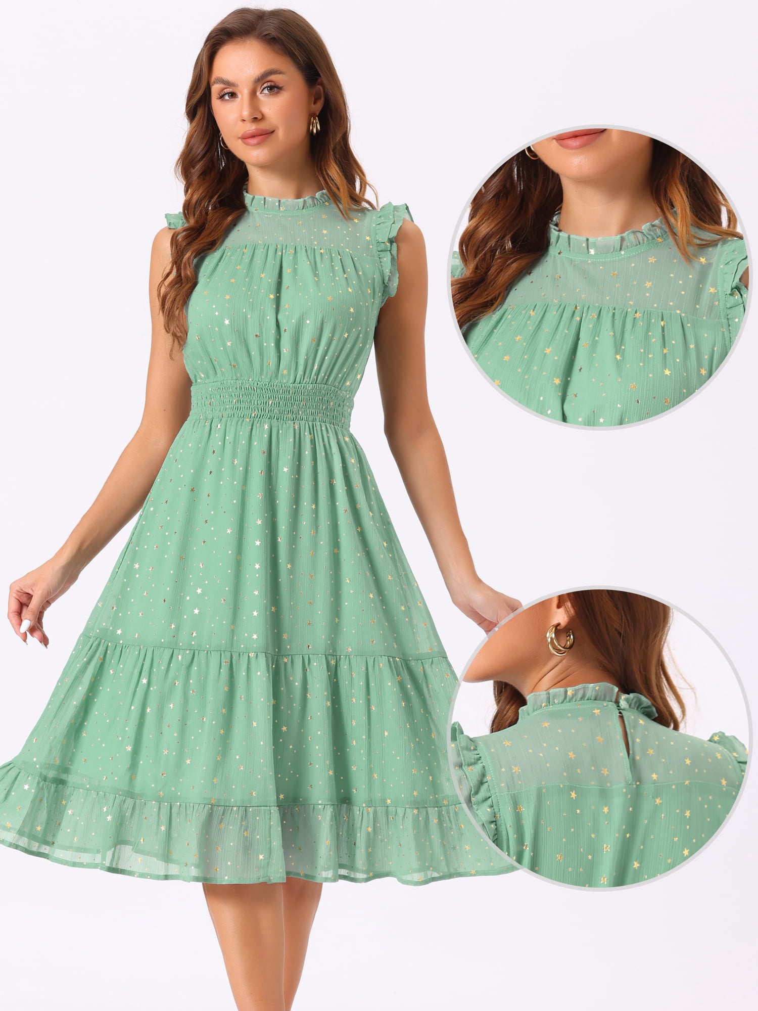 DARING DIVA Smocked Waist Gilding Metallic Stars Chiffon Dress M Green