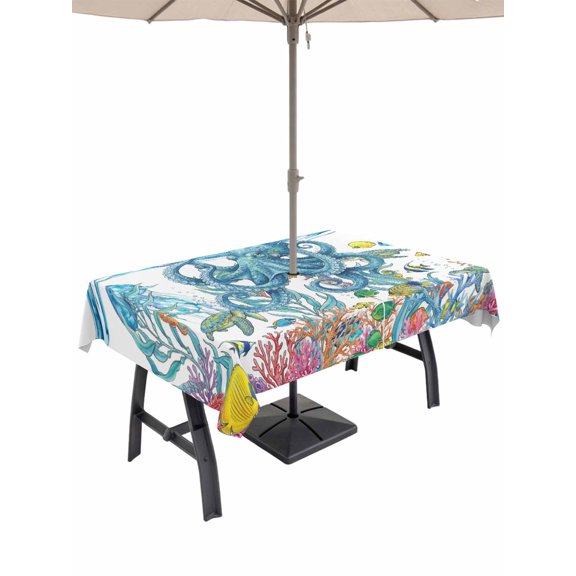 Outdoor Tablecloth with Umbrella Hole for Patio/Picnic/Party/Camping, Marine Life Waterproof Table Cloth Rectangle Table Cover Washable, Summer Ocean Coral Octopus Jellyfish Seaweed (60"x 120")