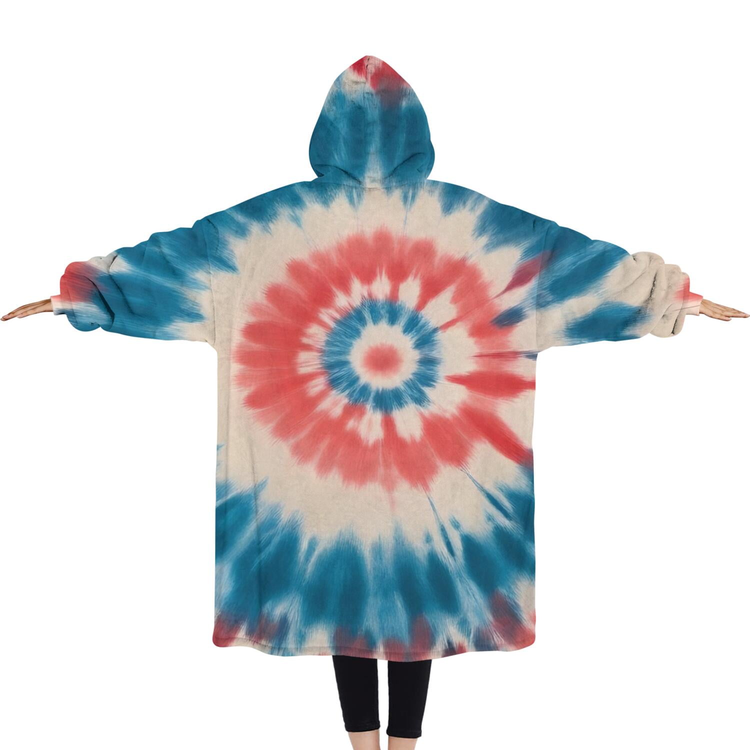 Oversized Wearable Blanket Hoodie,Red Blue Tie Dye Flower Sherpa Blanket Hoodie with Super Pockets,Super Warm Fuzzy Pullover for Women & Men