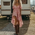 thumbnail image 2 of Delconic Women’s High Low Hem V Neck Short Sleeve Floral Print Dress Lightweight Boho Style Ruffle Detailing Summer Dress Pink M, 2 of 3
