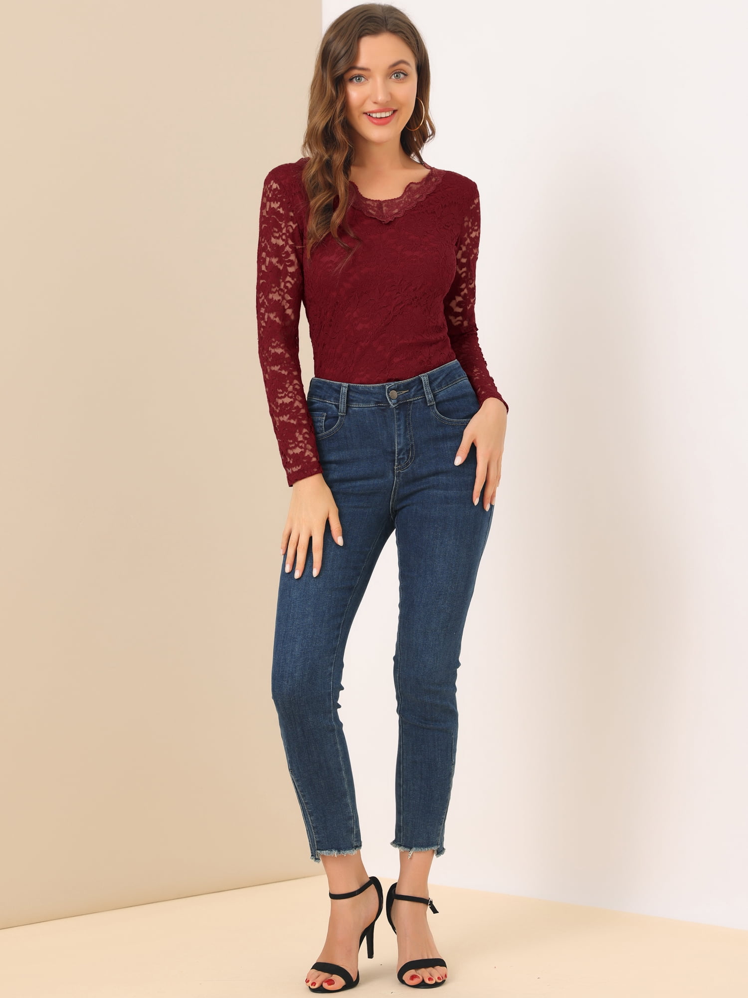 DARING DIVA Floral Lace Shirt Lace Scalloped Trim Blouse S Burgundy