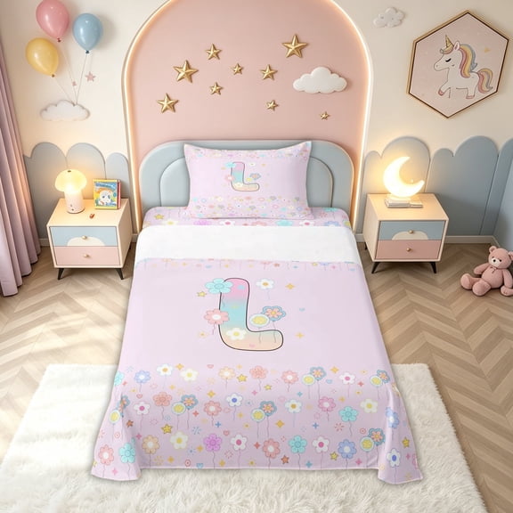 meiyoeat Pastel Floral Letter L Print Twin Sheets for Boys Girls, Spring Monogram Bedding, Pink Reversible, 1 Flat Sheet, 1 Fitted Sheet and 1 Pillowcase
