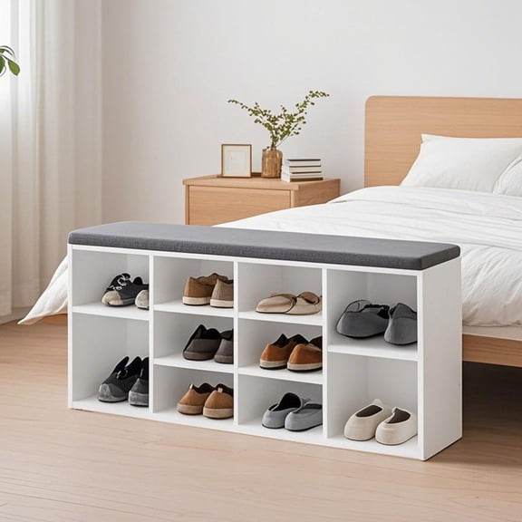 VASAGLE Banco de Almacenamiento, Zapatero, Estante, clóset de Almacenamiento, 10 Compartimentos, con cojín, para Entrada, 40.9 x 11.8 x 18.9 Pulgadas, Espresso y café