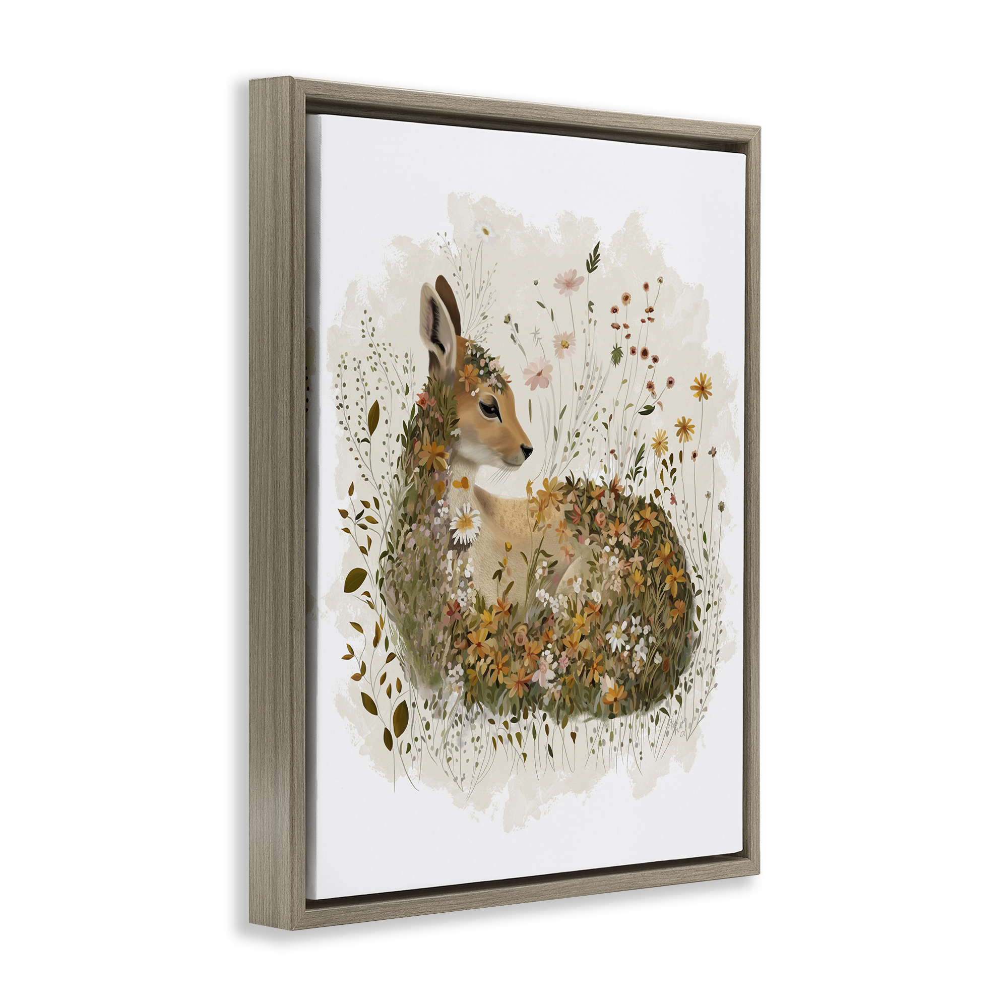 Stupell Industries Daisy & Wildflower Fawn Animals & Insects Painting Brown Floater Framed Canvas Art Print Wall Art, 25 x 31