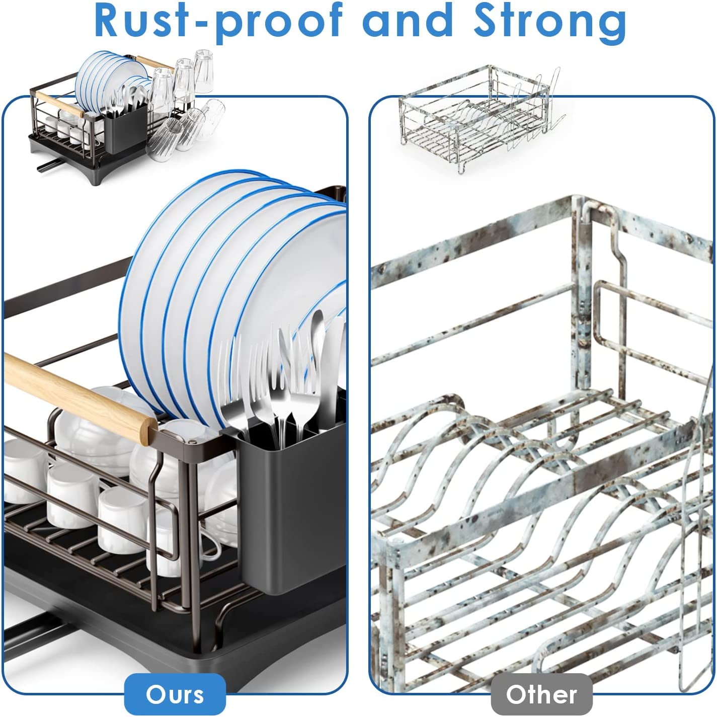 Dish Drying Rack, Dish Rack for Kitchen Counter, Rust-Proof Dish Drainer  with Drying Board and Utensil Holder for Kitchen Counter Cabinet,  16.6\u201d L× 12.6\u201dW× 7.8\u201dH, Milk White 