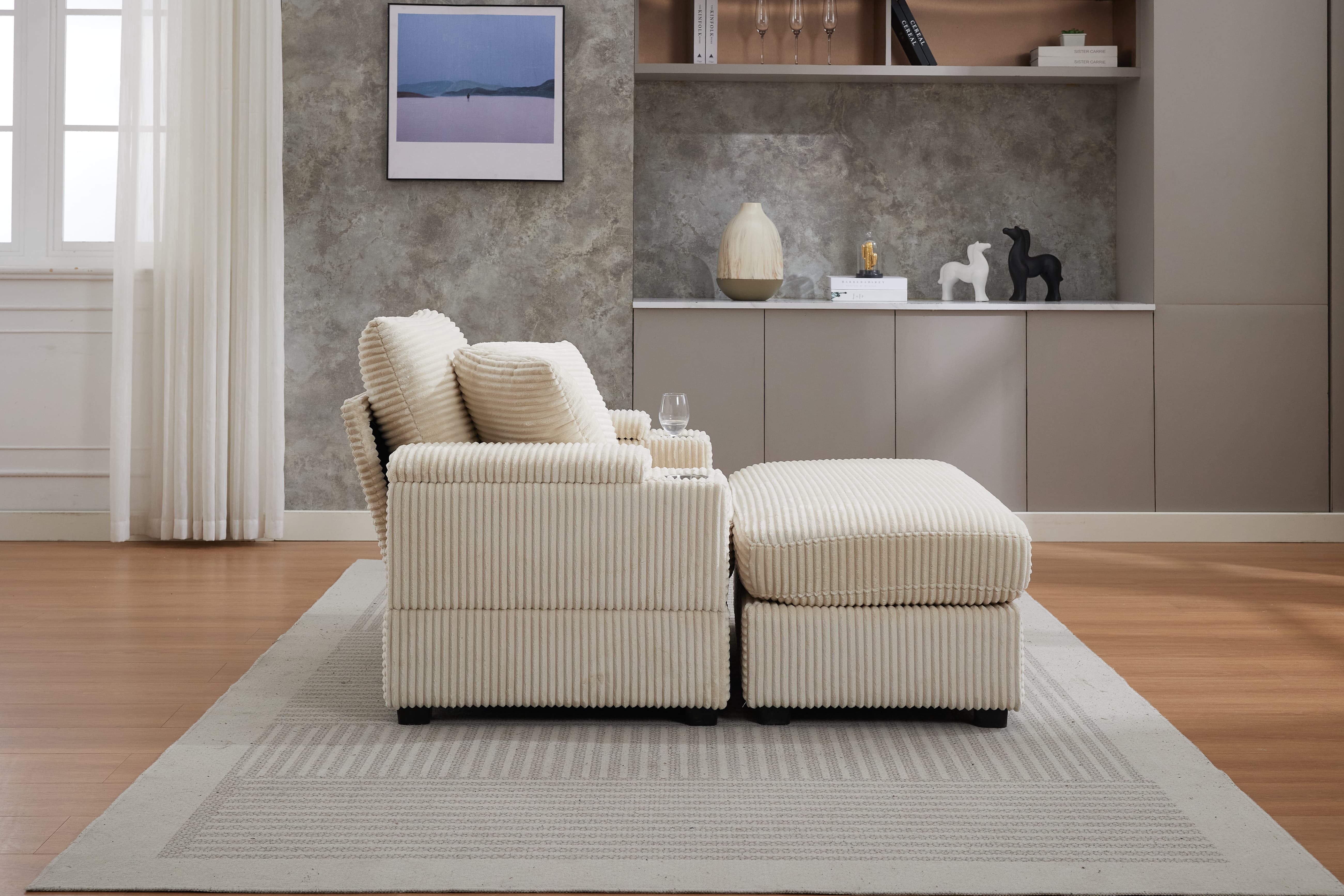 Chaise Lounge Chair Indoor Furniture, Corduroy Upholstered Chaise Lounge Sofa, Deep Seat Sofa with Handrail storage and Cupholders, Movable ottoman, Detachable Cushions for Living Room Bedroom,Beige