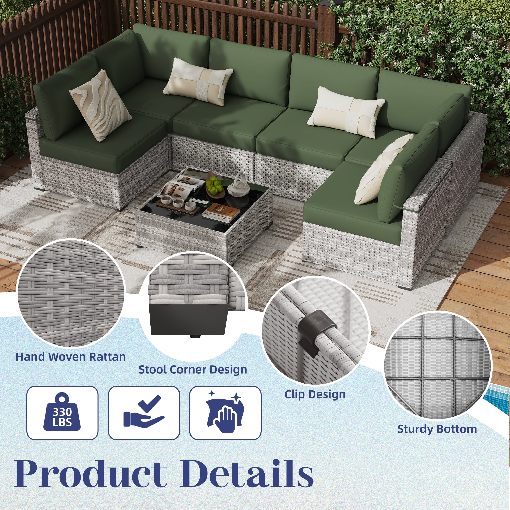 KIGOTY 7 Piece Outdoor Patio Furniture, Wicker Rattan Outdoor Conversation Set Sectional Sofas for Backyard, Garden,Grayish-White Dark Green