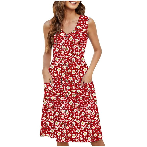 Floral Print Summer Dress for Womens，U Neck Short Sleeve Sundress Ruffle Pleated Hem Dresses A-Line Midi Dress Ultra Soft Textured Sundresses Dressy Causal Sun-Dress Beach Holiday Outfits