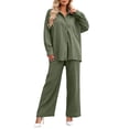 thumbnail image 4 of Zekutng 2 Piece Sets for Women Textured Button Down Shirt Wide Leg Pant 2-Piece Linen Co-ord Set,Sizes S-2XL, 4 of 6