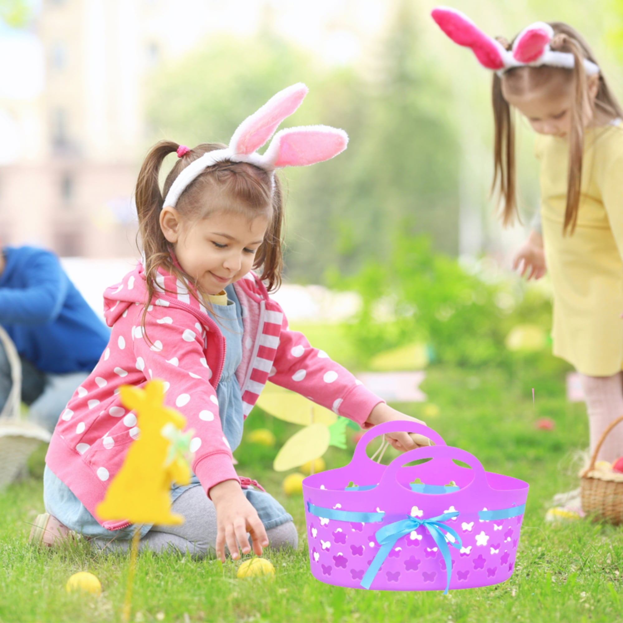 Oval Plastic Baskets with Ribbon Colorful Easter Baskets for Kids Easter Egg Hunt Pretend Play Grocery Bucket Home Table Decor Candy Gift Container Spring Holiday Party Favor  Set of 4