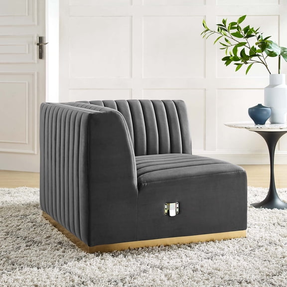 Modway Conjure Channel Tufted Performance Velvet Right Corner Chair in Gold Gray