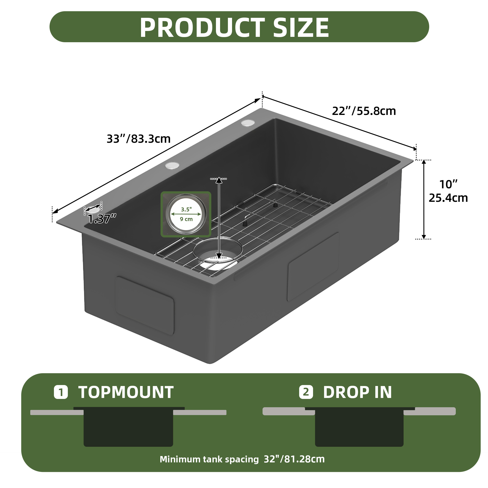 Uforic 33" Drop-In Black Stainless Steel Kitchen Sink, Single Bowl, Top Mount with Bottom Grid