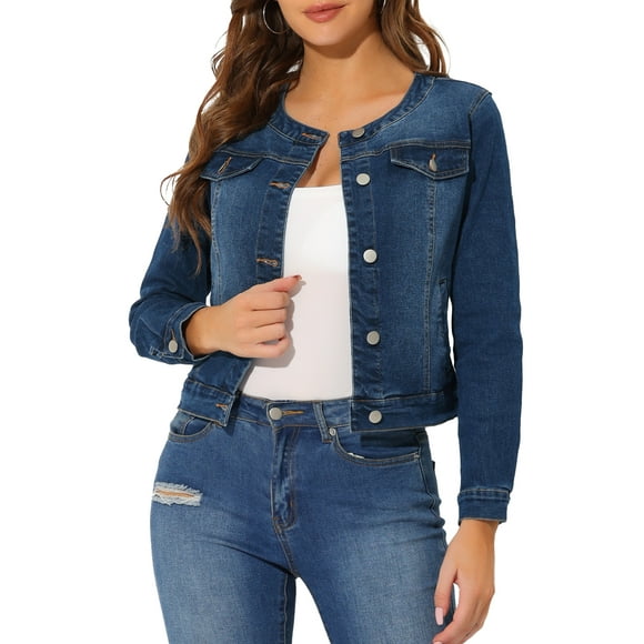 Chaqueta De Mezclilla Para Mujer Chaquetas De Mezclilla De Manga Larga Sin Cuello Con Botones Azul oscuro M