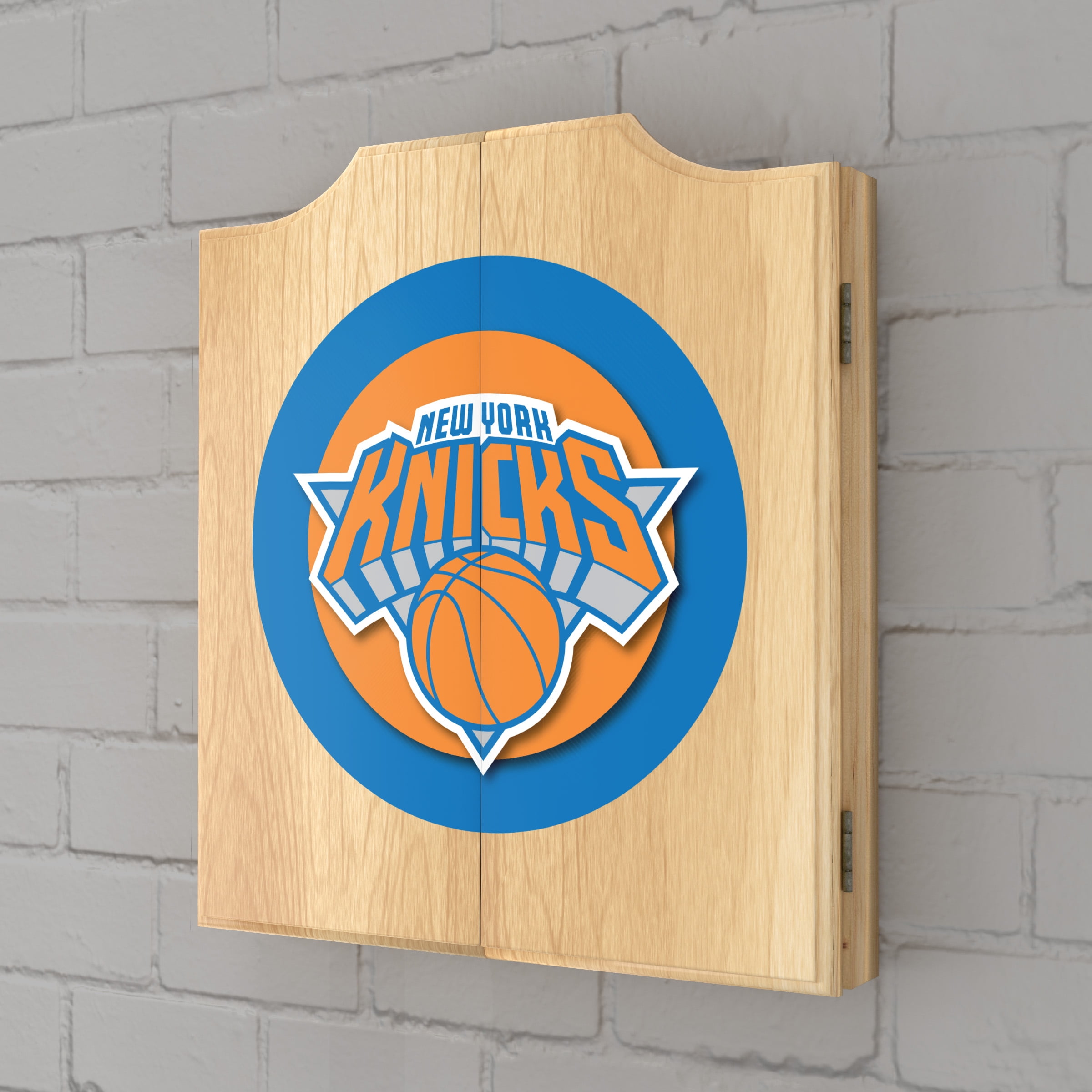New York Knicks Logo Dart Board Cabinet Set with 6 Steel Tip Darts