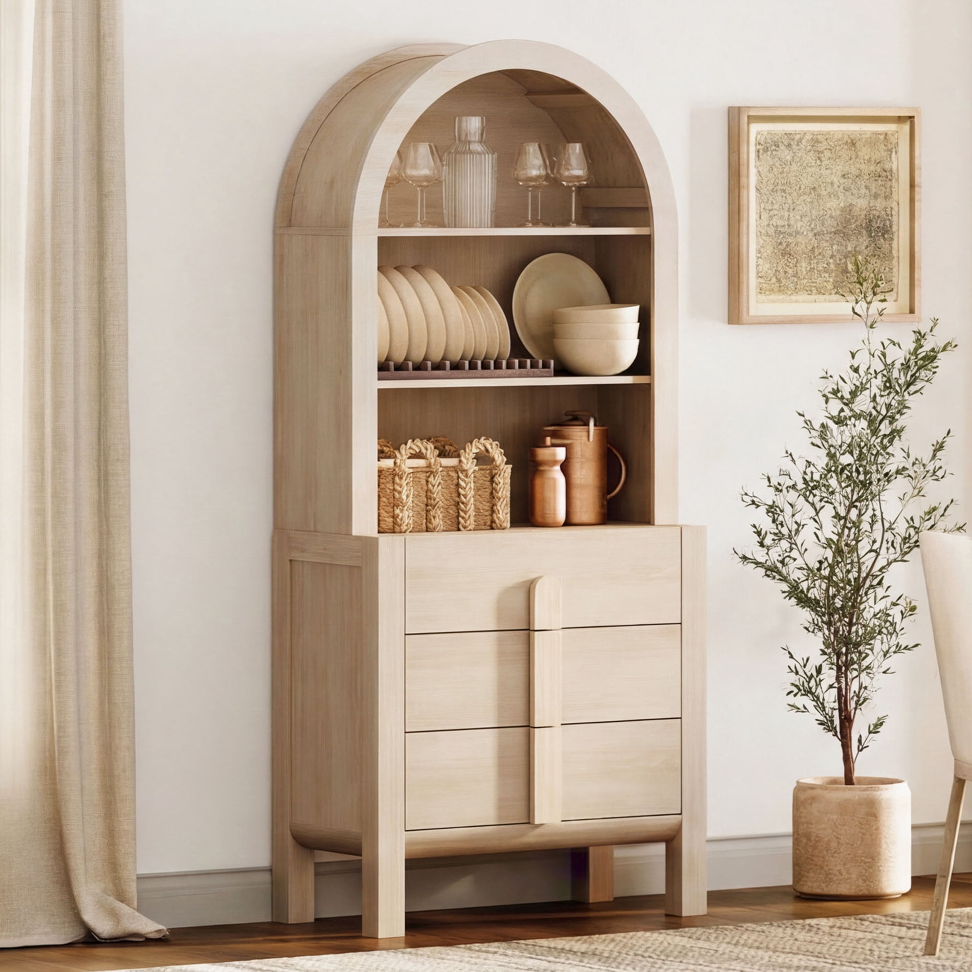 31.5"W Arched Kitchen Hutch Sideboard, Mid-Century Modern Wooden Buffet Hutch Cabinet with 3 Drawerrs And 3 Tier Shelves