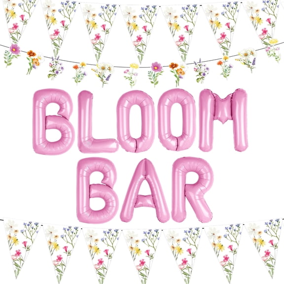 Bloom Bar Wildflower Themed Party Decor Kit Pink Foil Letter Balloons And Floral Bunting Banner For Spring Garden And Floral Craft Gatherings