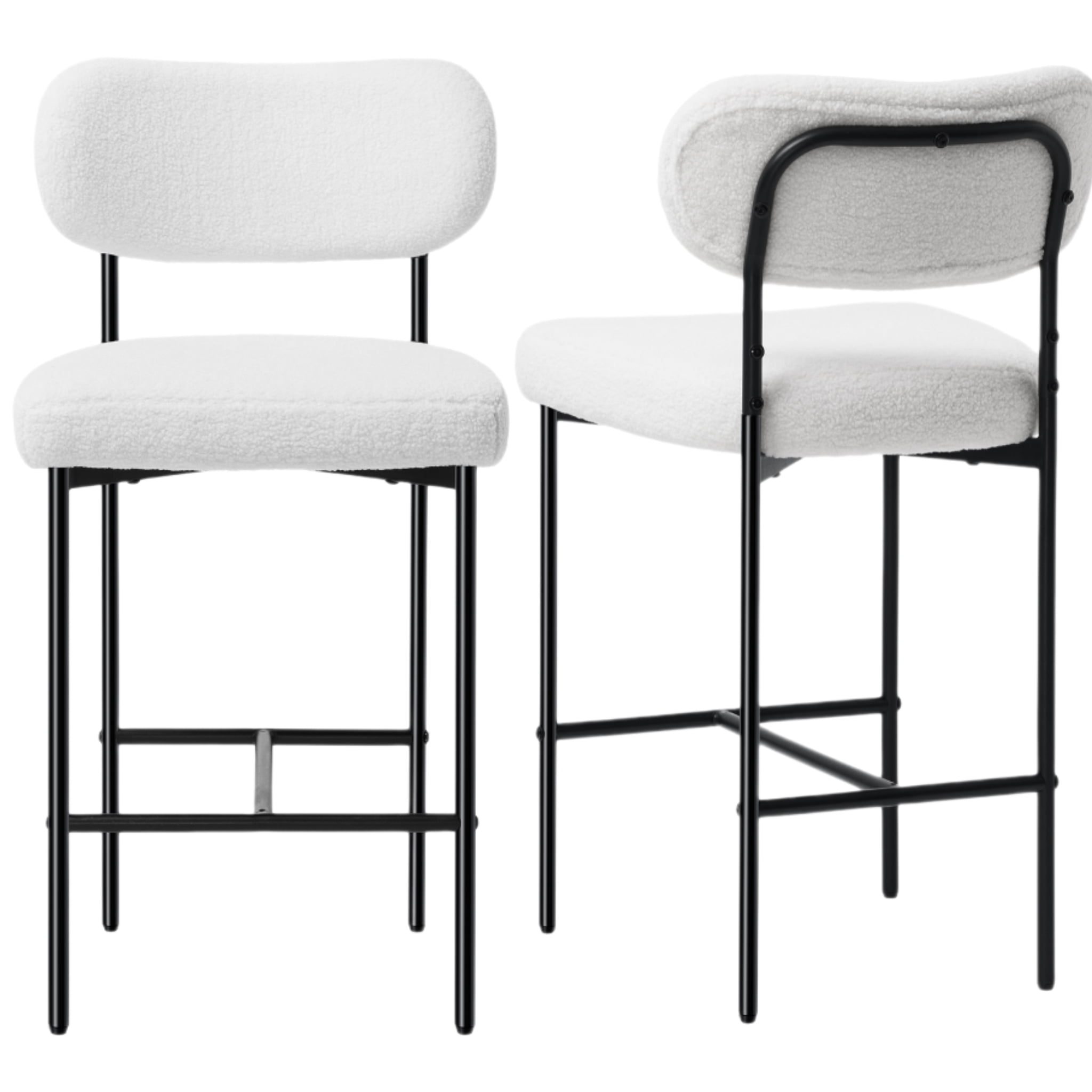 Hommpa Bar Stools Set of 2 with Back & Footrest 26" Counter Height Barstools Boucle Bar Chairs Modern Pub Chairs White Plush for Kitchen Island Bistro Coffee Shop Mid Back