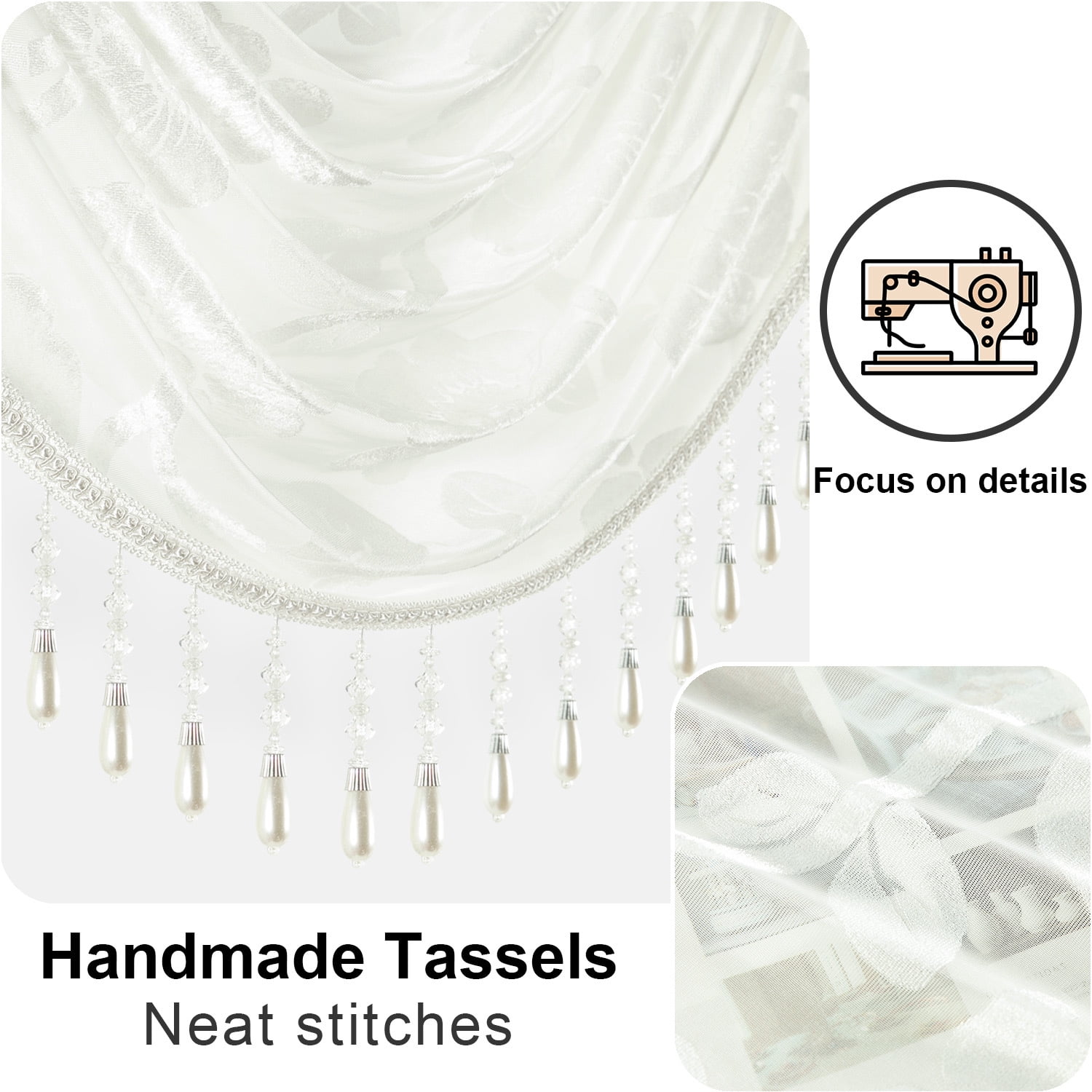 VOGOL White Floral Jacquard Waterfall Sheer Valance Curtain, Beaded Tassel Edge, 43x110 Inches, Elegant Home Drapery