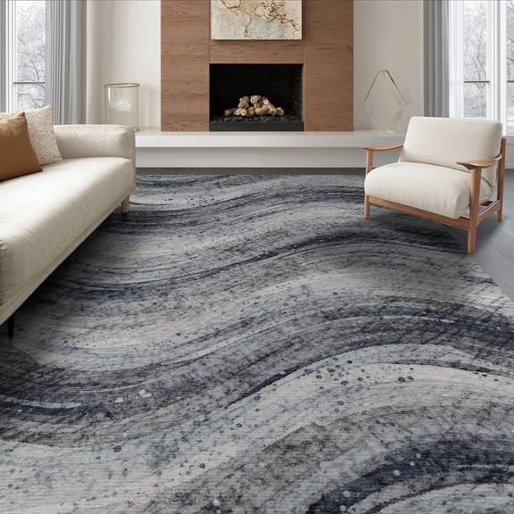ODIKA 8'x10' Washable Area Rug Durable, Non-Slip Watercolor Modern Brushstroke Design With Flowing Wavy Motif Abstract Dynamic for Living Room, Under Sectional, Family