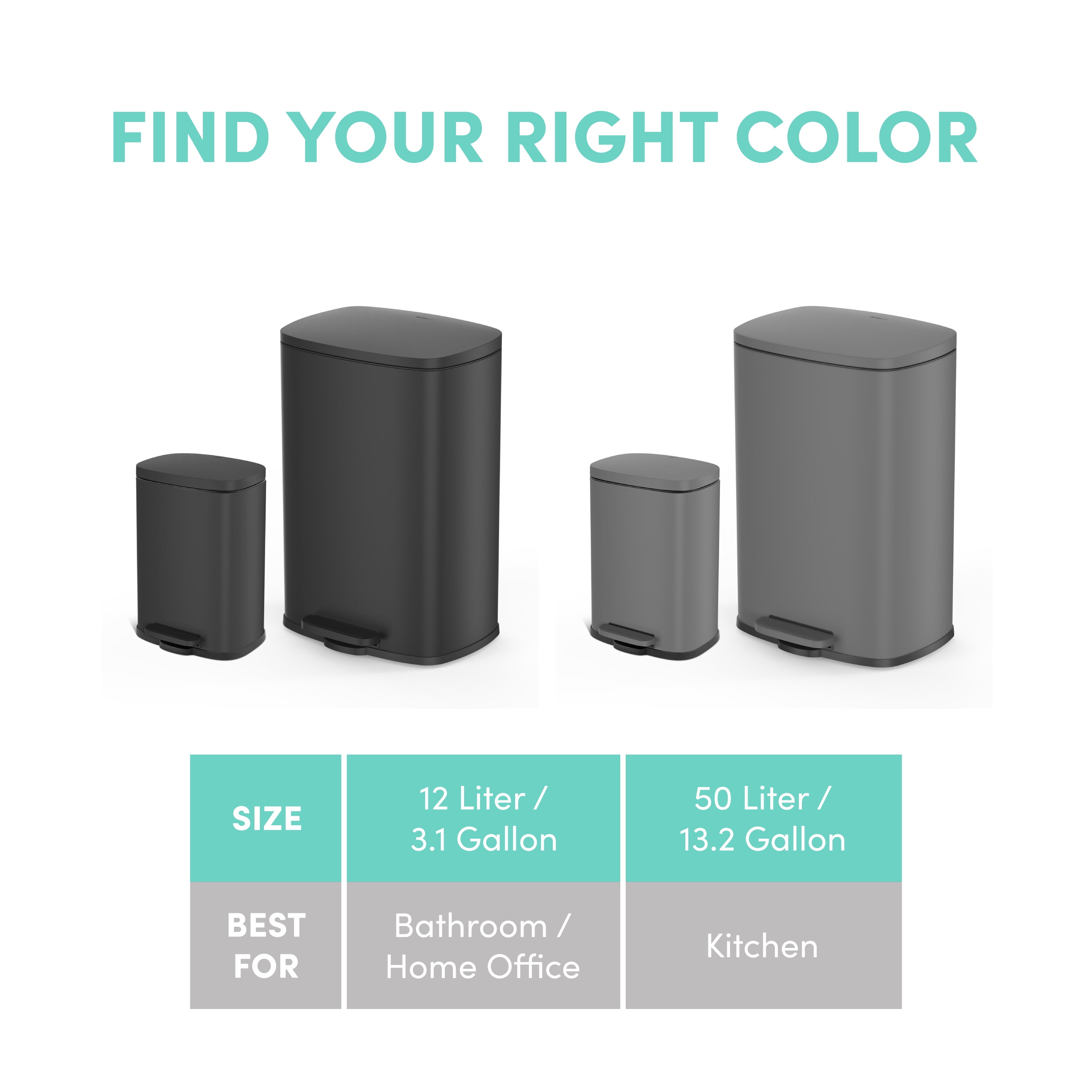 Qualiazero Kitchen Bathroom Trash Can Combo, 13.2 Gallon and 3.2 Gallon Stainless Steel Step Garbage Bin with Soft Close Lid, Matte Black