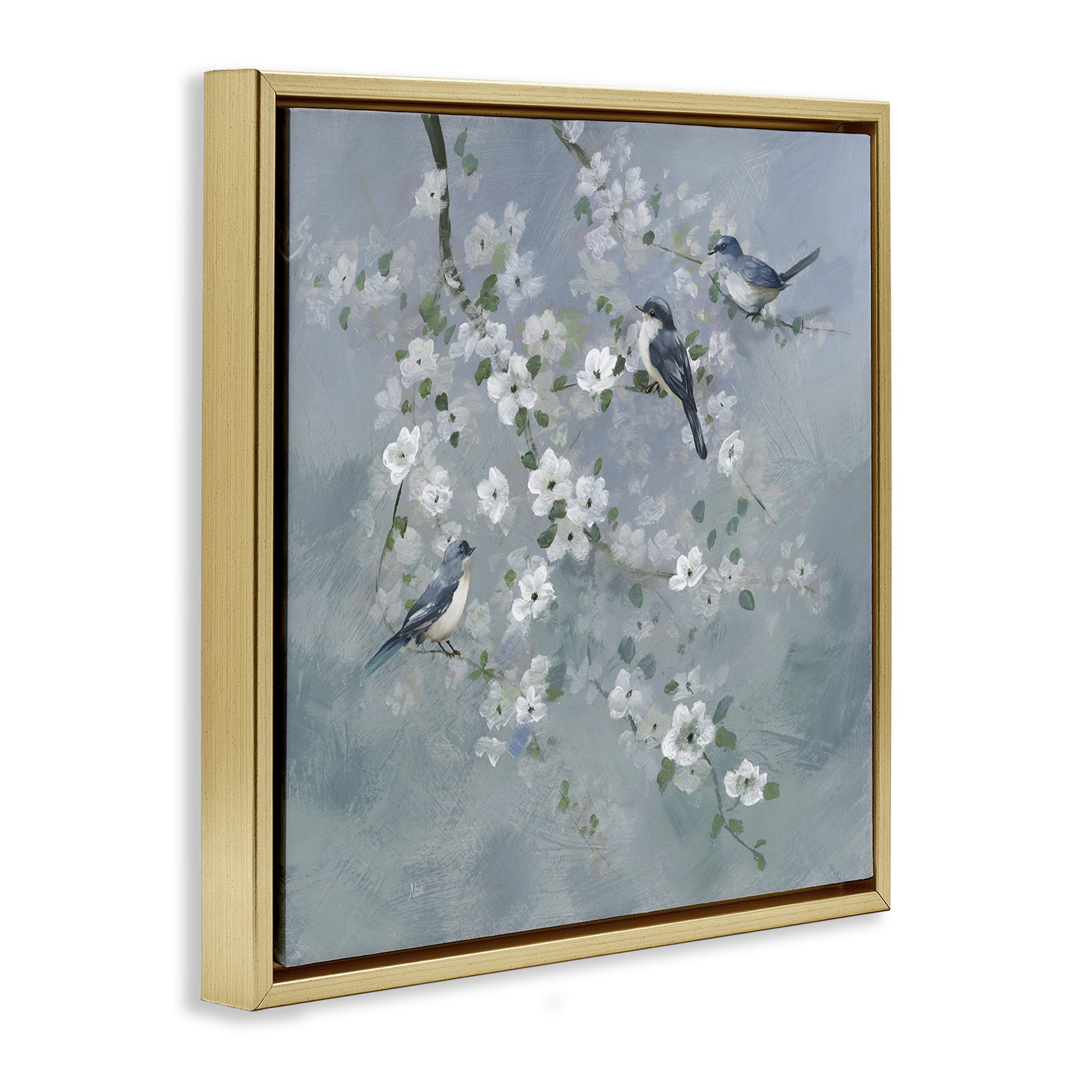 Stupell Industries Serene Birds on White Blooms Gold Framed Floater Canvas Wall Art, design by Nan